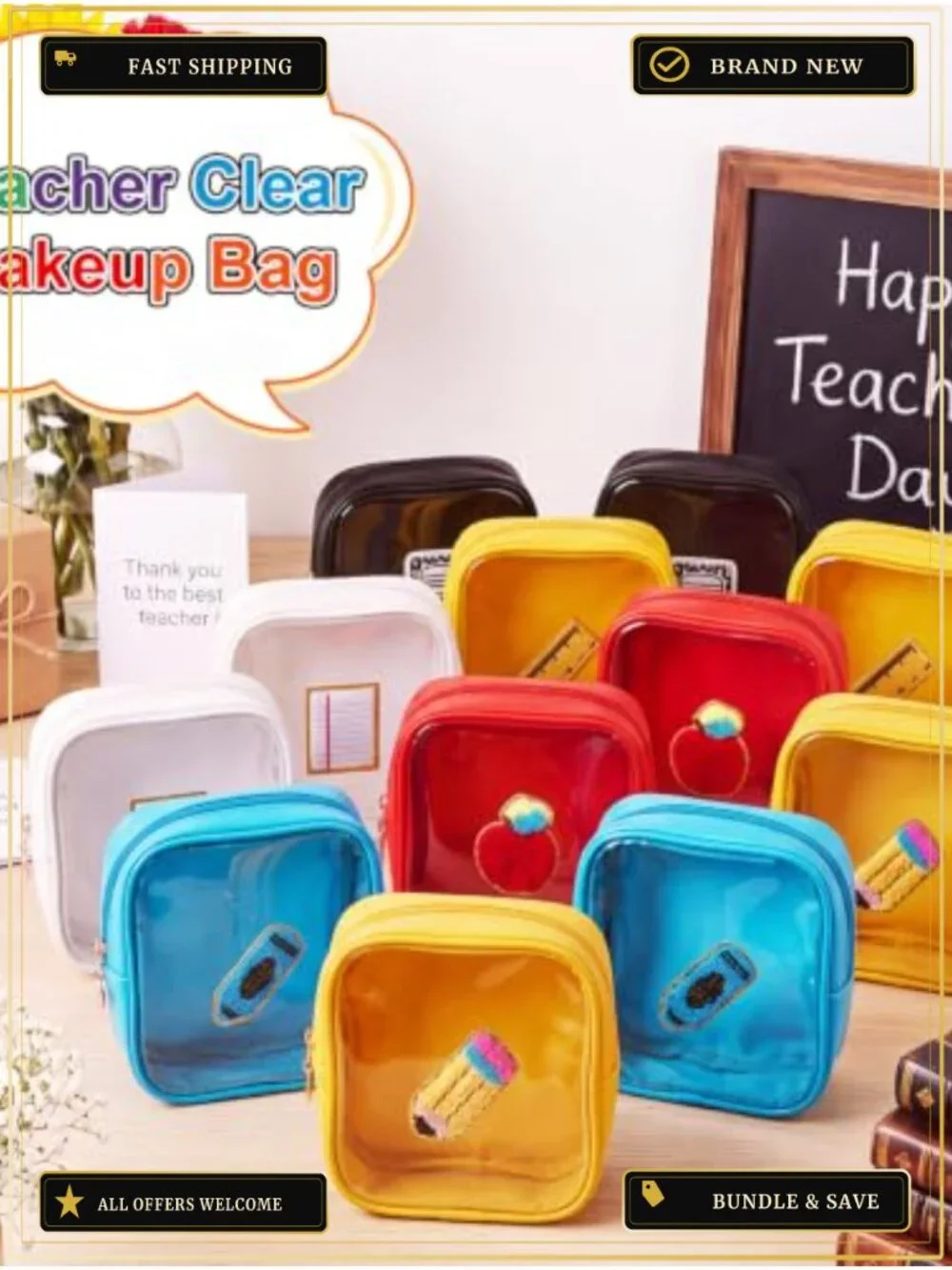 Clear PVC Cosmetic Pouch Set with Teacher Patches, 12 Pack, Waterproof Travel